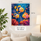 Clownfish Coral Reef shown in a styled room with 15.7 x 19.7 in and 40 x 50 cm dimensions