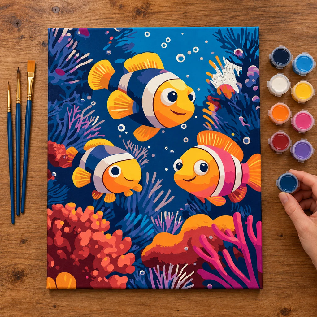 Complete Clownfish Coral Reef numbered canvas being painted with acrylic paints and brushes