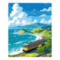 Original artwork for Coastal Curve Diamond Painting Kit, showing a yellow train winding beside turquoise surf and green coastal cliffs.