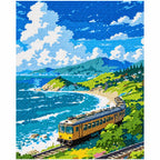 Finished diamond painting for Coastal Curve Diamond Painting Kit, showing a yellow train winding beside turquoise surf and green coastal cliffs.