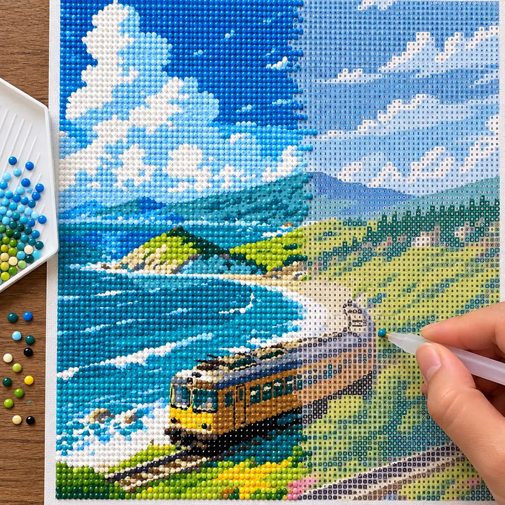 Diamond painting process for Coastal Curve Diamond Painting Kit, with hands applying drills over a yellow train winding beside turquoise surf and green coastal cliffs.
