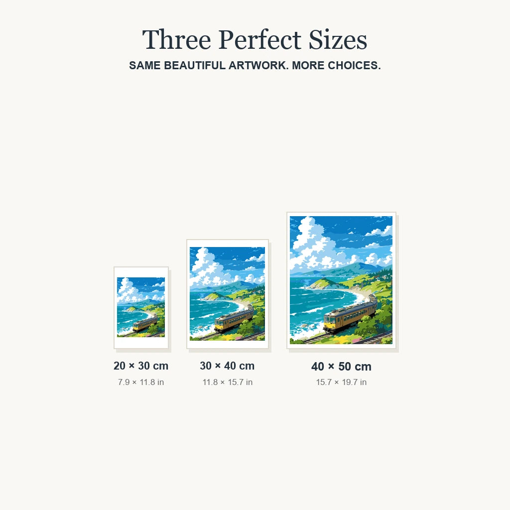 Size guide for Coastal Curve Diamond Painting Kit: 20 × 30 cm, 30 × 40 cm and 40 × 50 cm.