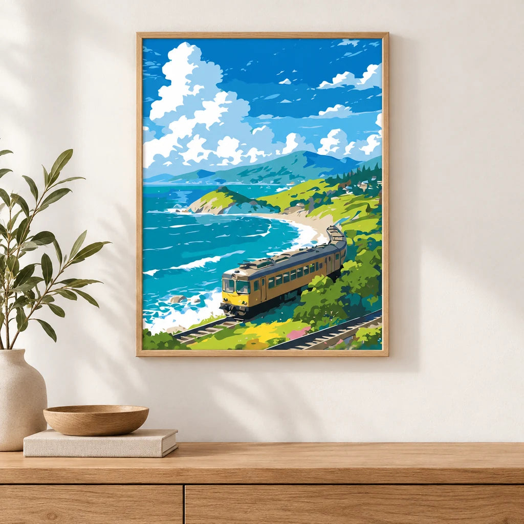 Home decor scene showing the Coastal Curve Diamond Painting Kit artwork displayed in a room.