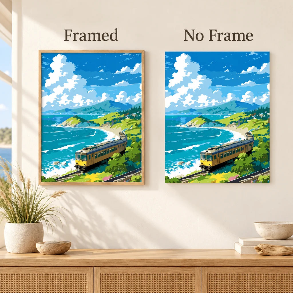 Framed and no-frame comparison for Coastal Curve Diamond Painting Kit, showing the same yellow train winding beside turquoise surf and green coastal cliffs.
