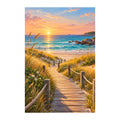 White-background original artwork of coastal dune boardwalk at sunset