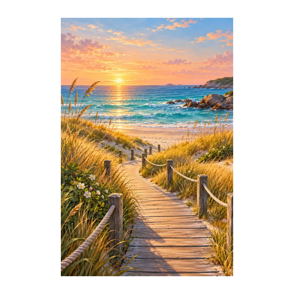 White-background original artwork of coastal dune boardwalk at sunset