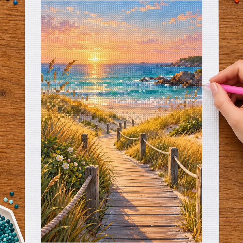 Hands placing drills on the coastal dune boardwalk at sunset diamond painting canvas