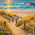 Close-up diamond detail of the coastal dune boardwalk at sunset diamond painting