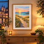 Framed home display of the coastal dune boardwalk at sunset diamond painting