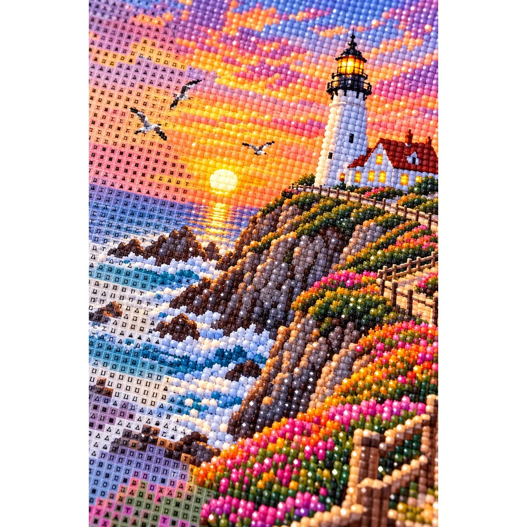 Coastal Lighthouse Sunset diamond and canvas detail