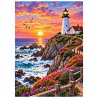 Coastal Lighthouse Sunset finished diamond artwork on white background