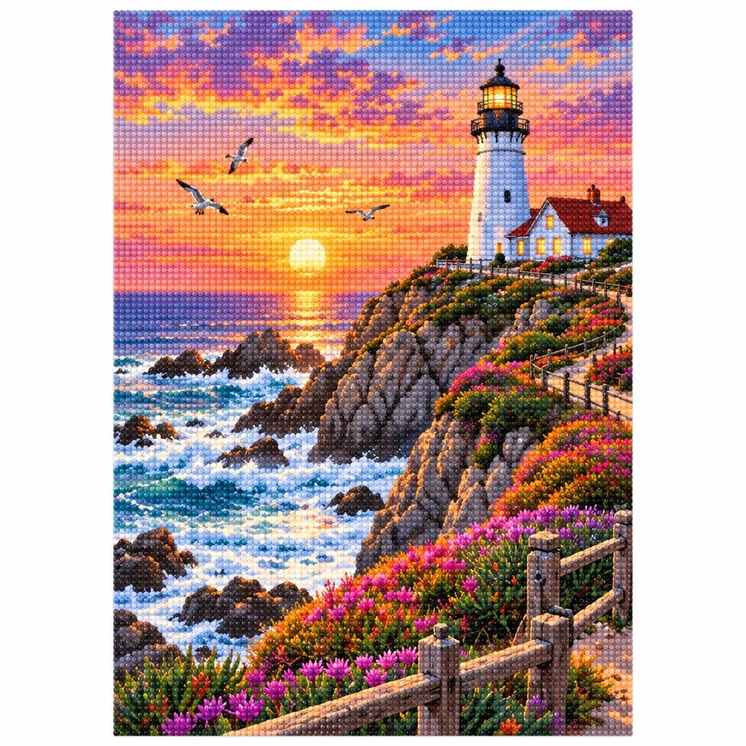 Coastal Lighthouse Sunset finished diamond artwork on white background