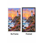 Coastal Lighthouse Sunset No Frame and Framed comparison