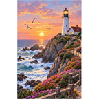 Coastal Lighthouse Sunset original artwork on white background