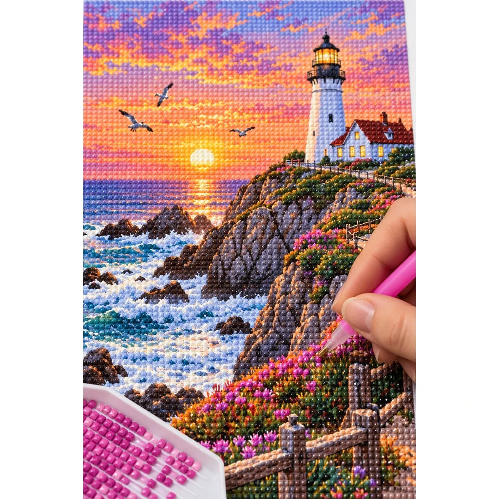 Coastal Lighthouse Sunset diamond placement process