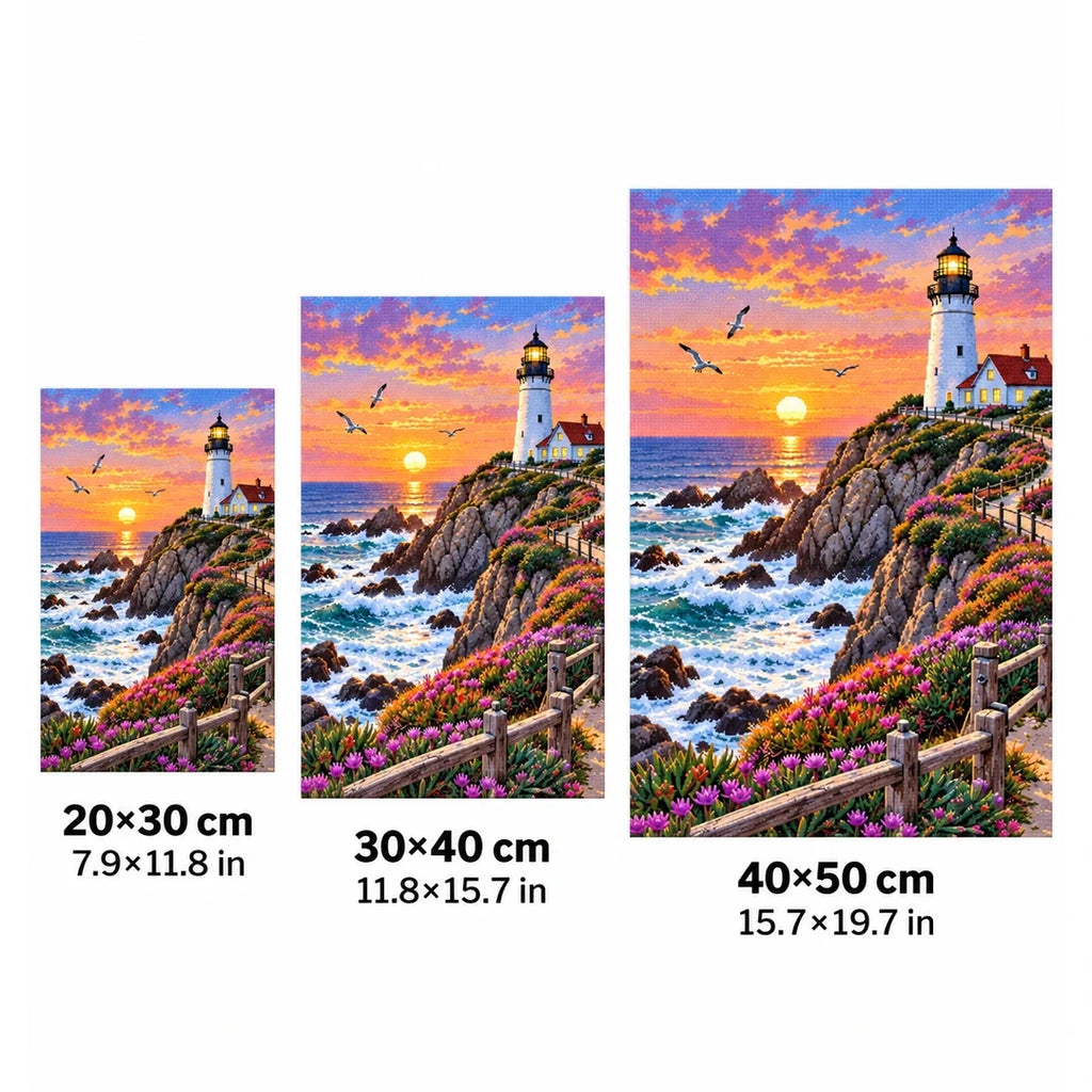 Coastal Lighthouse Sunset size guide