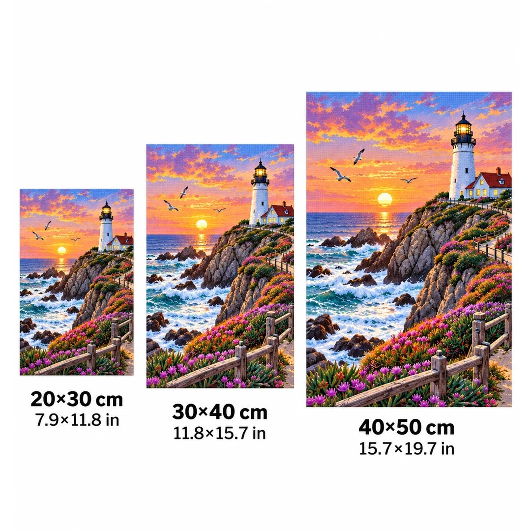 Coastal Lighthouse Sunset size guide
