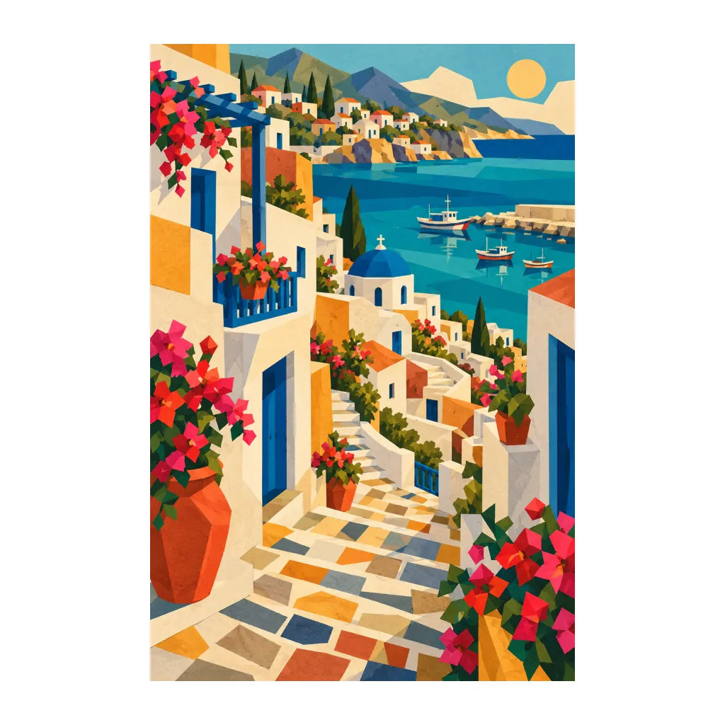 White-background original artwork of a colorful coastal stairway town with flowering balconies and blue sea