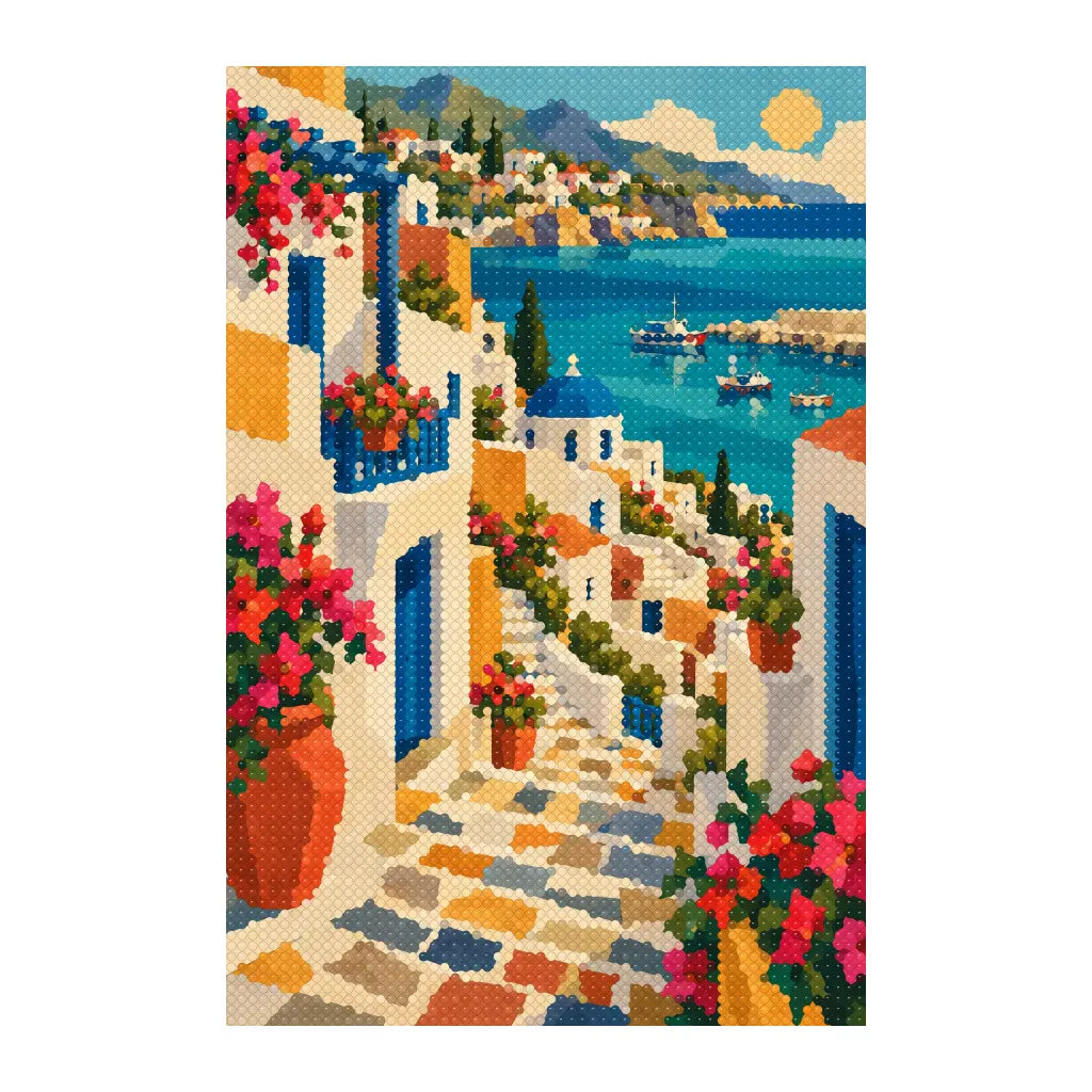 White-background finished diamond painting of a Mediterranean stairway town above the sea
