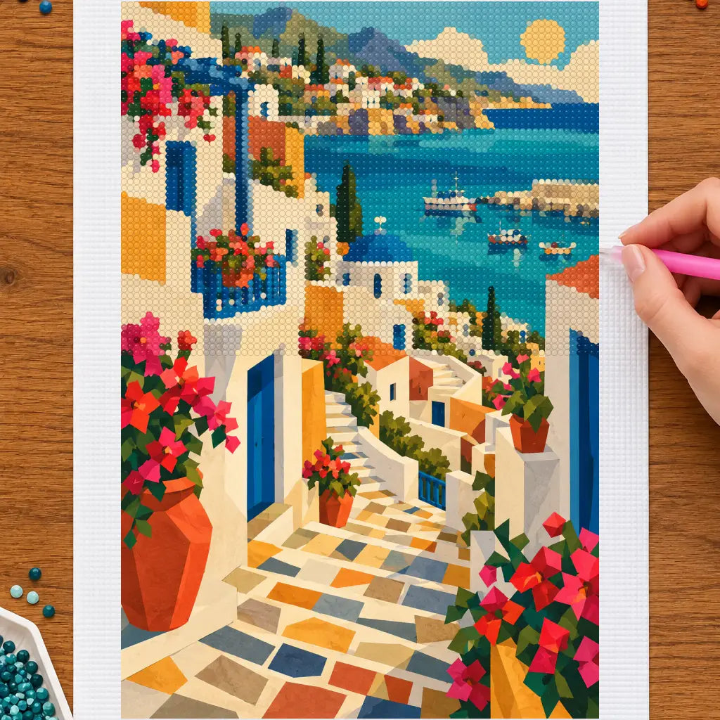 Hands placing drills on the coastal stairway town diamond painting canvas