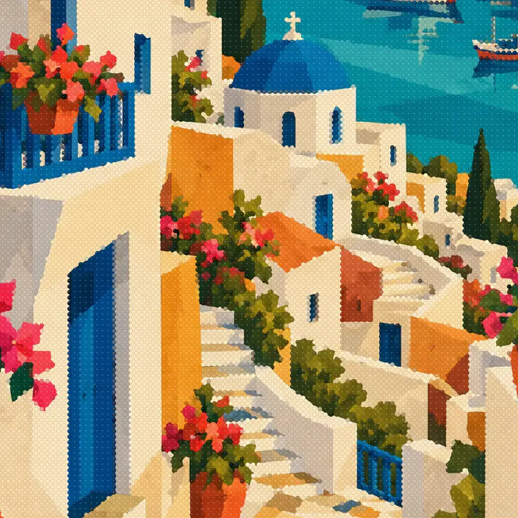 Close-up diamond detail of patterned steps and flowering balconies in the coastal town