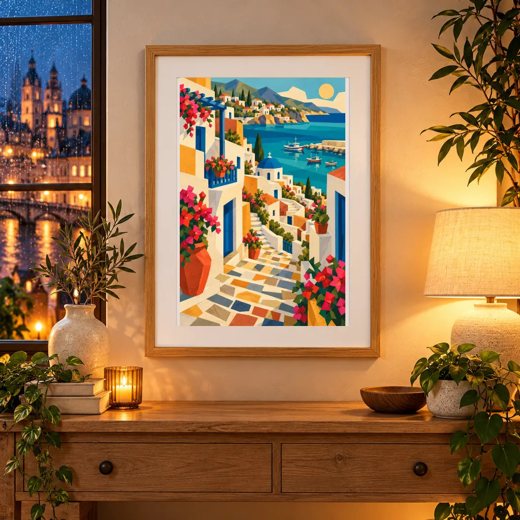 Framed home display of the coastal stairway town diamond painting