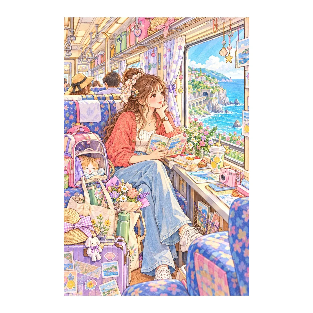 White-background original artwork of a young woman reading beside a train window overlooking a bright coastal town for a diamond painting kit