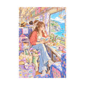 White-background original artwork of a young woman reading beside a train window overlooking a bright coastal town for a diamond painting kit