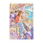 White-background original artwork of a young woman reading beside a train window overlooking a bright coastal town for a diamond painting kit