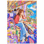 White-background finished diamond painting of a young woman reading beside a train window overlooking a bright coastal town with sparkling drills