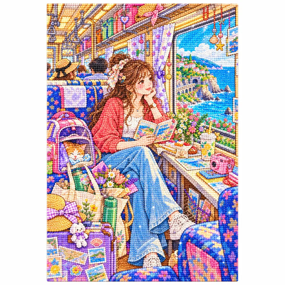 White-background finished diamond painting of a young woman reading beside a train window overlooking a bright coastal town with sparkling drills