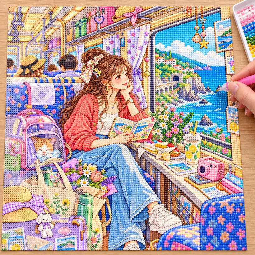 Diamond painting process showing a young woman reading beside a train window overlooking a bright coastal town being completed with a stylus