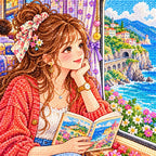Close-up diamond drill detail of a young woman reading beside a train window overlooking a bright coastal town artwork