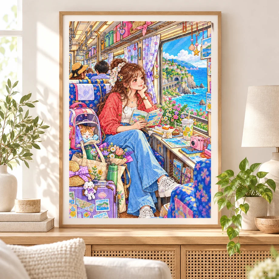 Framed a young woman reading beside a train window overlooking a bright coastal town diamond painting displayed as home decor