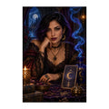 Original design of a tarot reader at a candlelit table with cobalt smoke and celestial cards.
