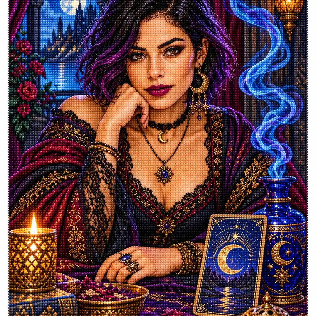 Finished diamond painting of a tarot reader surrounded by cobalt smoke and blue cards.