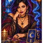 Finished diamond painting of a tarot reader surrounded by cobalt smoke and blue cards.