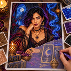 Hand placing drills on the cobalt smoke tarot reader canvas.