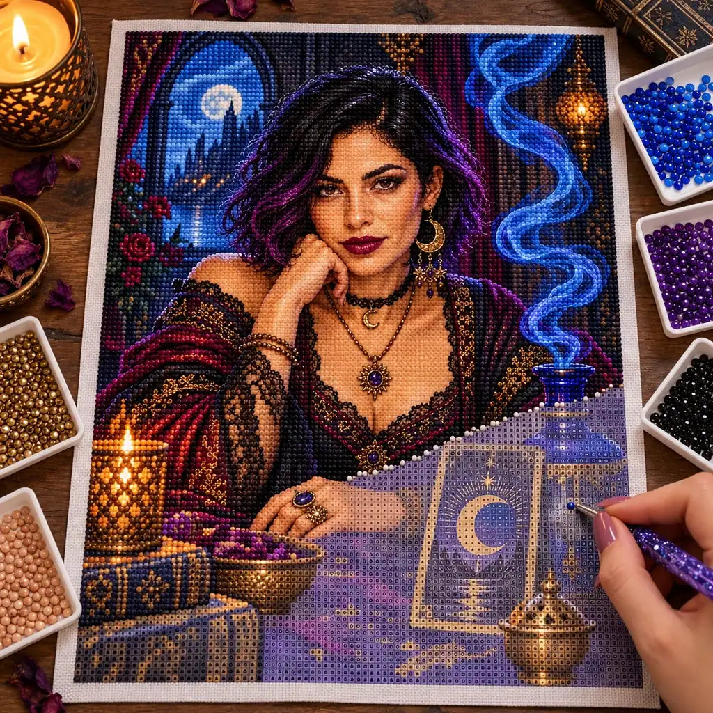 Hand placing drills on the cobalt smoke tarot reader canvas.