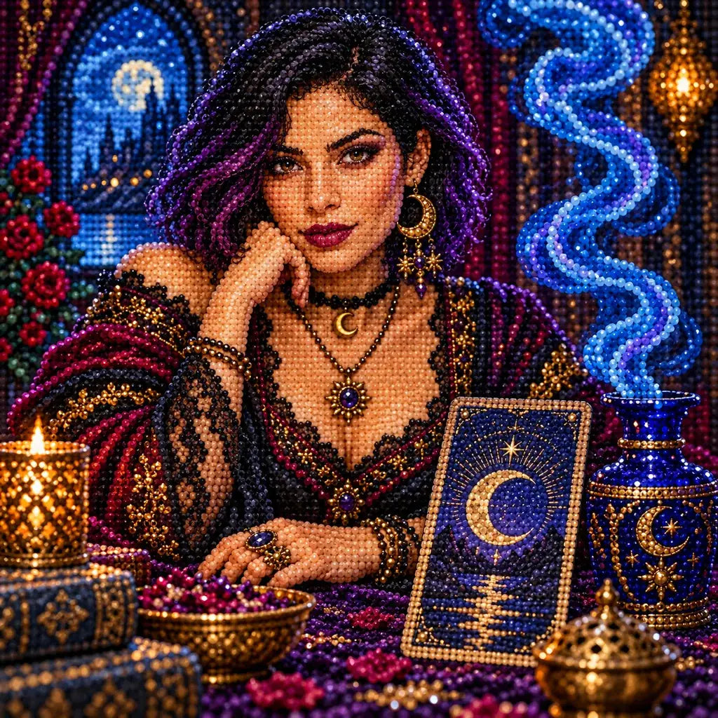 Close-up of sparkling drills across a tarot card and ornate blue details.