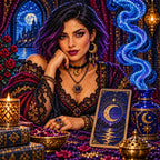 Close-up of sparkling drills across a tarot card and ornate blue details.