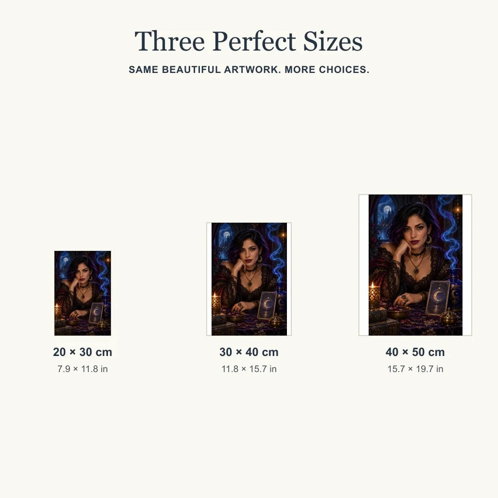 Three size options for the Cobalt Smoke Tarot Reader diamond painting kit.