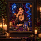 Framed Cobalt Smoke Tarot Reader artwork displayed in a candlelit blue room.