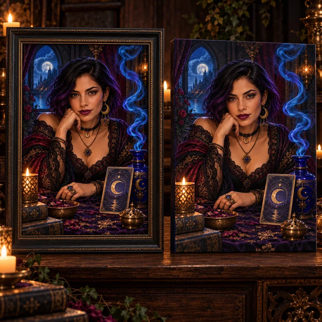 Framed and no-frame Cobalt Smoke Tarot Reader designs shown side by side.