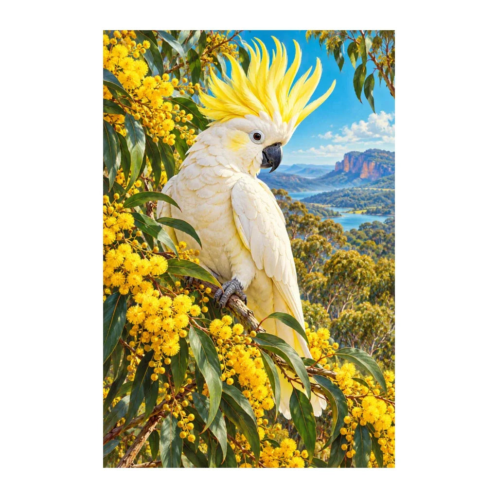 Original Cockatoo Wattle Blossom artwork on a white background.