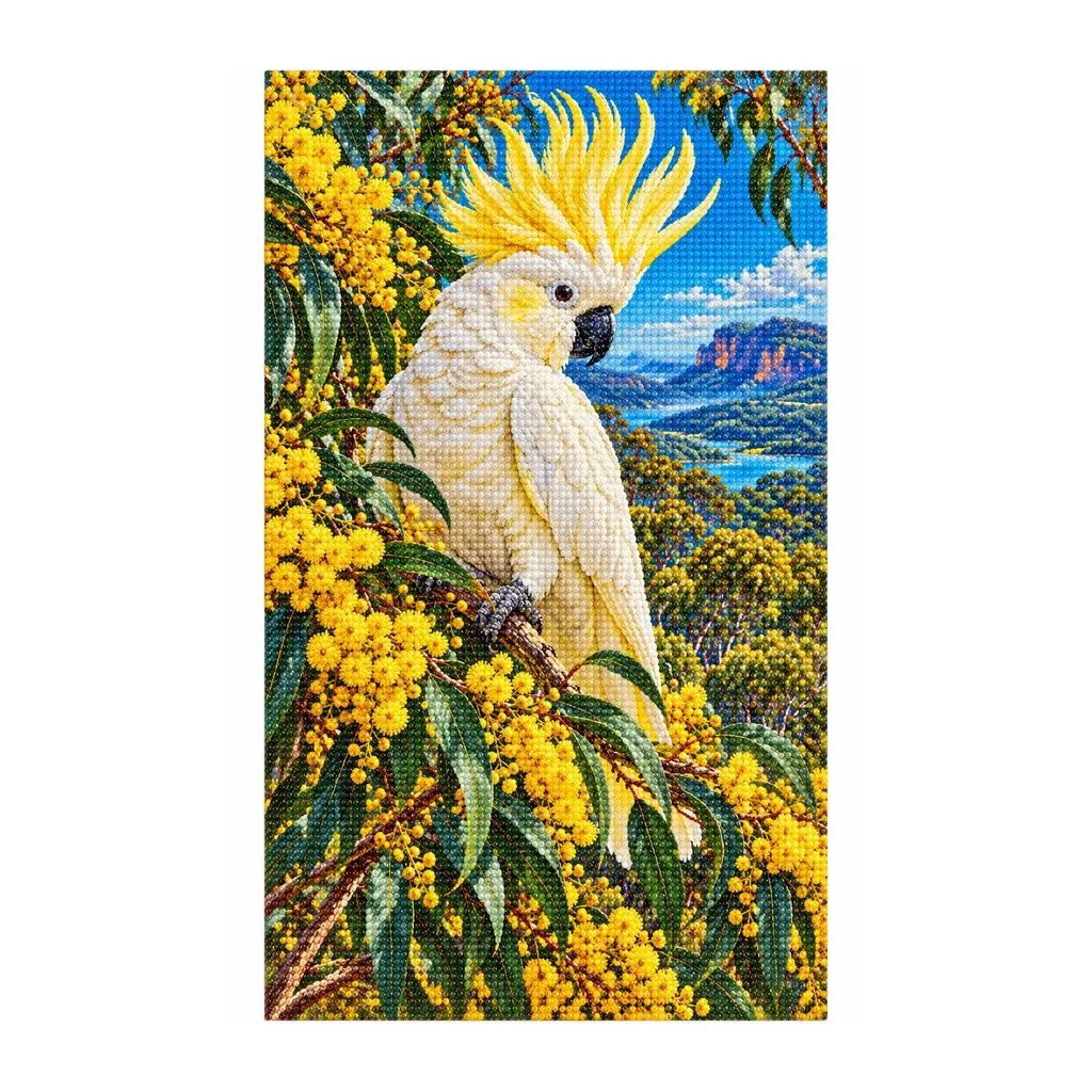 White-background finished diamond painting of Cockatoo Wattle Blossom.