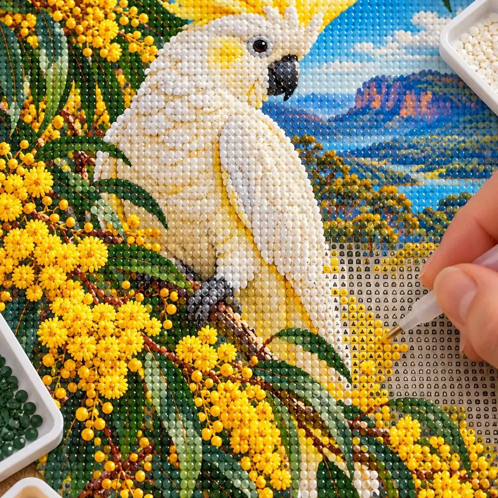 Hands placing diamond drills on the Cockatoo Wattle Blossom design.