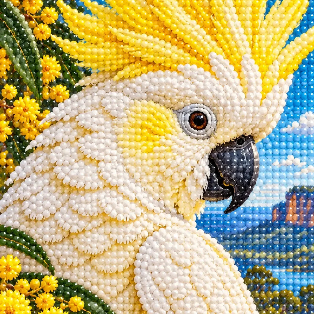 Close-up of drill details in the Cockatoo Wattle Blossom diamond painting.