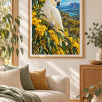 Framed Cockatoo Wattle Blossom diamond painting displayed as home decor.