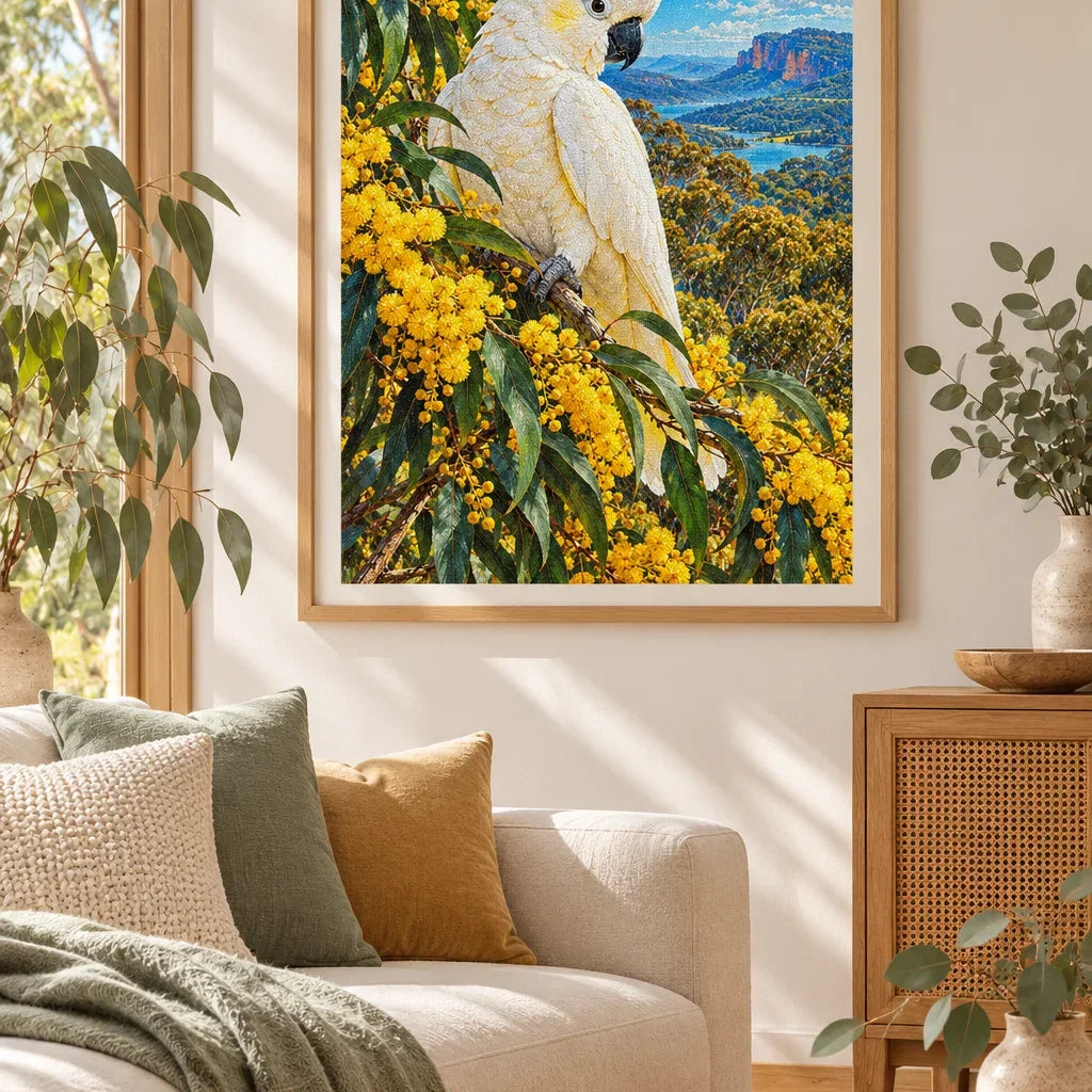 Framed Cockatoo Wattle Blossom diamond painting displayed as home decor.